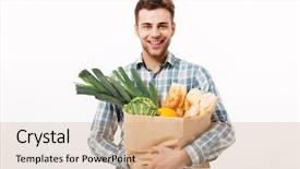  Presentation with grocery bag - Colorful slide set enhanced with smiling man holding paper bag backdrop and a coral colored foreground