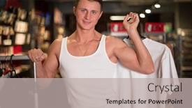  Presentation with clothes shop - Colorful presentation design enhanced with smiling man in a vest chooses clothes in shop backdrop and a light gray colored foreground