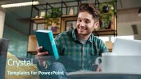  Presentation with green office - Slides consisting of smiling man in green shirt sitting on sofa by the table with laptop and cup of tea and looking at book in office photo from below coworking background and a ocean colored foreground