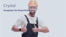  Presentation with white - Audience pleasing PPT theme consisting of smiling-man-in-overalls-showing backdrop and a sky blue colored foreground