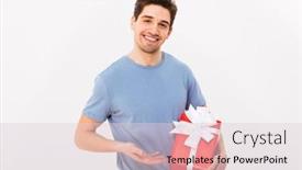  Presentation with gift - Theme enhanced with smiling-man-in-t-shirt background and a  colored foreground