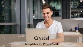  Presentation with coworking - Audience pleasing presentation design consisting of smiling man in t-shirt working in office with laptop computer coworking backdrop and a mint green colored foreground