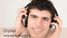  Presentation with gold man smile - Slides with smiling man listening loud music background and a  colored foreground