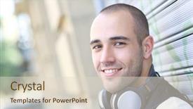  Presentation with old man and music - Cool new slide deck with smiling man listening to music backdrop and a  colored foreground