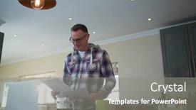  Presentation with social isolation - Cool new PPT theme with smiling man looking at document in kitchen working from home in quarantine lockdown social distancing self isolation backdrop and a gray colored foreground