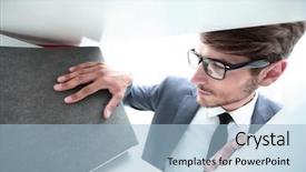  Presentation with man looking up happy - Theme with smiling man looking at documents background and a light blue colored foreground