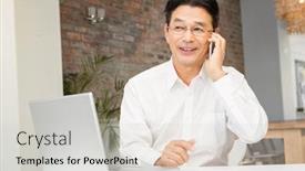  Presentation with social isolation - Slide set with smiling man on a phone call in living room working from home in quarantine lockdown social distancing self isolation background and a light gray colored foreground