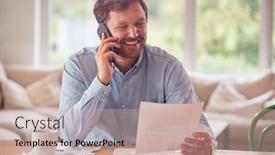  Presentation with phone - Amazing PPT theme having smiling-man-on-phone-call backdrop and a soft green colored foreground