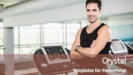  Presentation with treadmill - PPT theme having smiling man on treadmill standing background and a  colored foreground