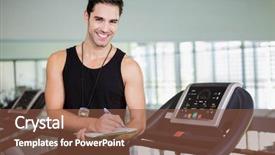 Presentation with treadmill - PPT theme having smiling man on treadmill writing on clipboard at the gym background and a tawny brown colored foreground