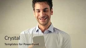  Presentation with gold man smile - PPT theme with smiling man reading a text message background and a mint green colored foreground