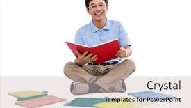  Presentation with kids reading books - Audience pleasing PPT theme consisting of smiling man reading books while sitting on the ground backdrop and a soft green colored foreground