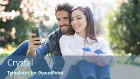  Presentation with phone - PPT theme consisting of smiling-man-showing-his-mobile background and a ocean colored foreground