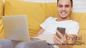  Presentation with coworking - Presentation theme consisting of smiling man sitting on sofa with laptop and phone in office coworking background and a coral colored foreground