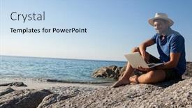  Presentation with beach rocks - Colorful PPT layouts enhanced with smiling-man-sitting backdrop and a light blue colored foreground