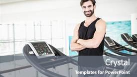  Presentation with treadmill - PPT layouts having smiling man standing on treadmill with arms crossed at the gym background and a gray colored foreground