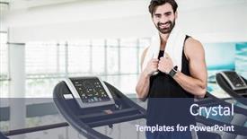  Presentation with treadmill - Colorful presentation design enhanced with smiling man standing on treadmill at the gym backdrop and a ocean colored foreground