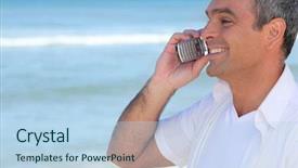  Presentation with gold man smile - PPT theme with smiling man using a cellphone background and a light blue colored foreground