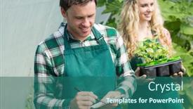  Presentation with green house - Amazing slide deck having smiling man using a clipboard in a green house backdrop and a ocean colored foreground