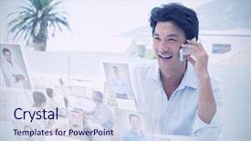  Presentation with phone meeting - Cool new slide deck with smiling man using his laptop and talking on phone against business people having a meeting backdrop and a sky blue colored foreground