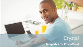  Presentation with social isolation - PPT layouts featuring smiling man using laptop and smartphone in the living room at home working from home in quarantine lockdown social distancing self isolation background and a light blue colored foreground