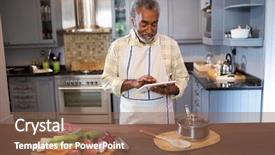  Presentation with food mask kitchen - Slides enhanced with smiling man using tablet computer background and a  colored foreground