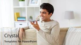  Presentation with communication - PPT theme with smiling man using voice command background and a coral colored foreground