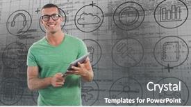  Presentation with matrix - PPT layouts having smiling man wearing glasses while holding digital tablet against blue matrix and codes background and a gray colored foreground