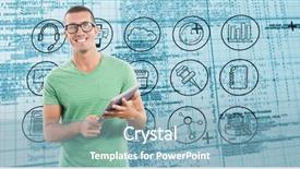  Presentation with matrix - Cool new PPT layouts with smiling man wearing glasses while holding digital tablet against blue matrix and codes backdrop and a light blue colored foreground
