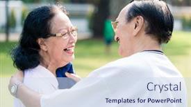  Presentation with wife - Presentation design having smiling man wiping sweat of his wife with napkin after exercising in the park background and a sky blue colored foreground