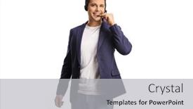  Presentation with microphone - Presentation design with smiling-man-with-a-headset background and a light gray colored foreground