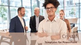  Presentation with entrepreneur - PPT theme with smiling-man-with-crossed-arms background and a lemonade colored foreground