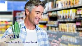  Presentation with grocery bag - PPT theme consisting of smiling man with grocery bag background and a sky blue colored foreground