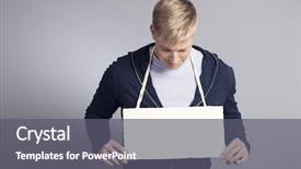  Presentation with signboard - Presentation with smiling man with head down looking at white empty signboard with space for text while holding it isolated on grey background background and a gray colored foreground
