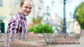  Presentation with man sitting bench - Beautiful slides featuring internet cafe - smiling man with laptop notebook backdrop and a mint green colored foreground