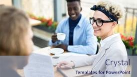  Presentation with new ideas - Slide set enhanced with smiling manager listening to one of colleagues during discussion of new contract or fresh working ideas at meeting background and a lemonade colored foreground