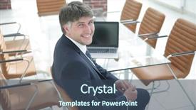  Presentation with desk - PPT layouts consisting of smiling manager sitting at work background and a  colored foreground