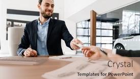  Presentation with car - Beautiful slides featuring smiling-manager-using-customer-s backdrop and a coral colored foreground