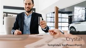  Presentation with car - Audience pleasing PPT theme consisting of smiling-manager-using-customer-s backdrop and a coral colored foreground