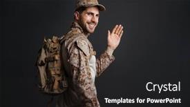  Presentation with masculine - PPT theme consisting of smiling-masculine-military-man-waving background and a dark gray colored foreground