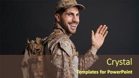  Presentation with masculine - Slide deck with smiling-masculine-military-man-waving background and a tawny brown colored foreground