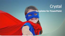  Presentation with dark blue green - Presentation design consisting of smiling masked girl pretending to be superhero against dark blue green background background and a teal colored foreground