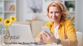  Presentation with working remotely - Slide set featuring smiling-mature-blond-businesswoman background and a soft green colored foreground