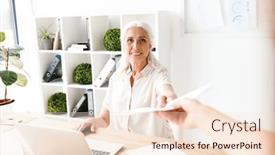  Presentation with woman office desk - Colorful slides enhanced with smiling mature busienss woman giving documents while sitting at the desk with laptop computer in office backdrop and a lemonade colored foreground
