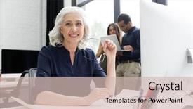  Presentation with workplace - Audience pleasing theme consisting of smiling mature business woman sitting backdrop and a soft green colored foreground