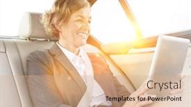  Presentation with digital car - PPT theme consisting of smiling-mature-businesswoman-using-digital background and a coral colored foreground
