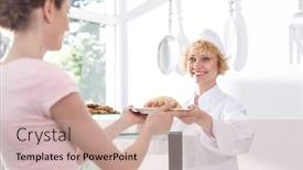  Presentation with pastry chef - Beautiful slides featuring smiling mature chef serving pastry to young customer at counter in restaurant backdrop and a coral colored foreground