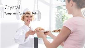  Presentation with pastry chef - Amazing presentation theme having smiling mature chef serving pastry to young customer at counter in restaurant backdrop and a white colored foreground