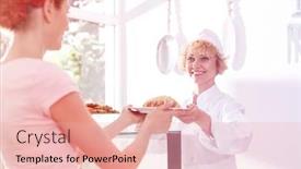  Presentation with pastry chef - Presentation design consisting of smiling mature chef serving pastry to young customer at counter in restaurant background and a lemonade colored foreground