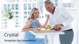  Presentation with restaurant - Slide set with smiling-mature-couple-at-restaurant background and a light blue colored foreground